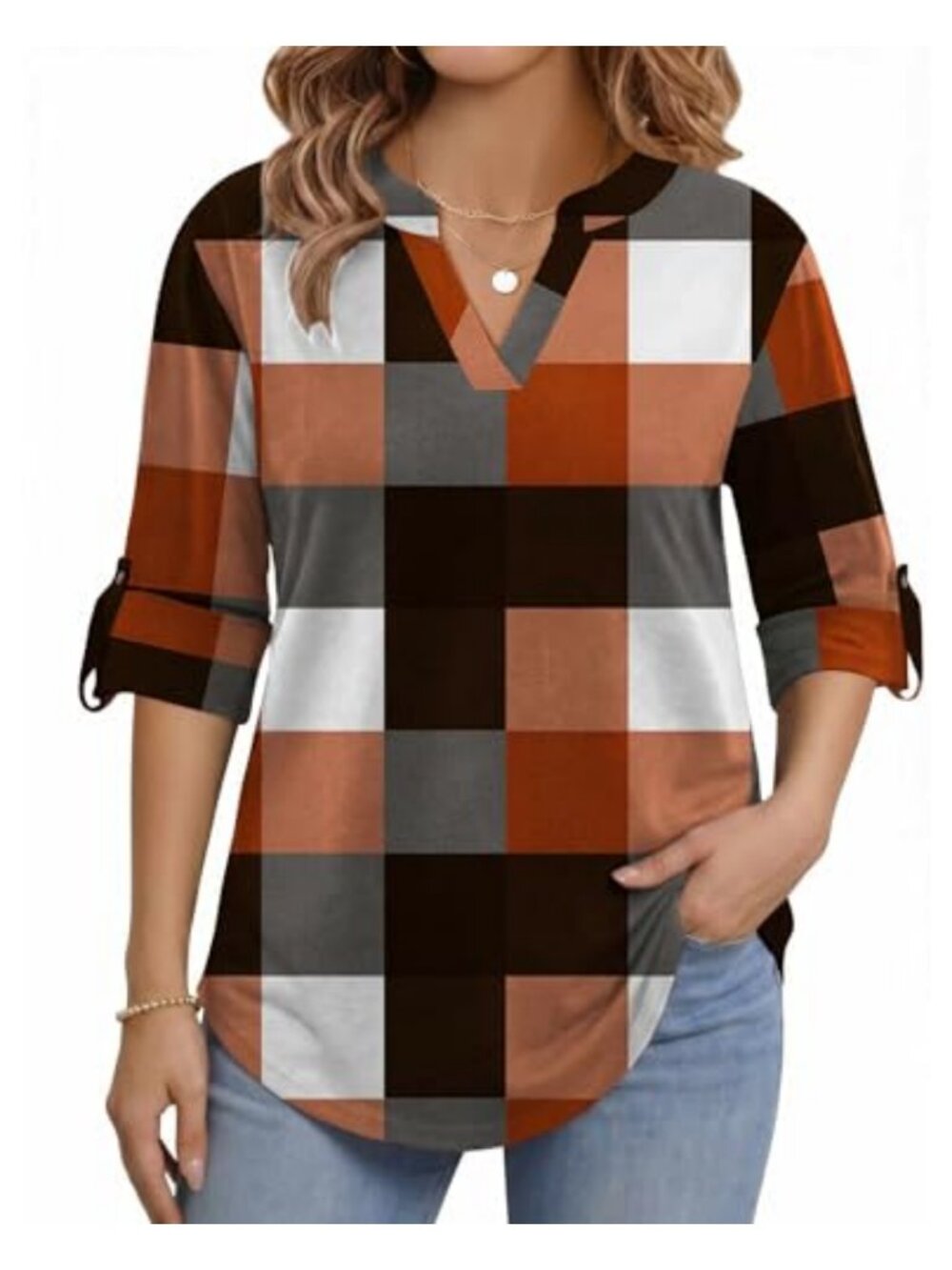 Plus Size V Neck Roll Up Sleeve Tunic Blouse Polyester Spandex Casual Work Top